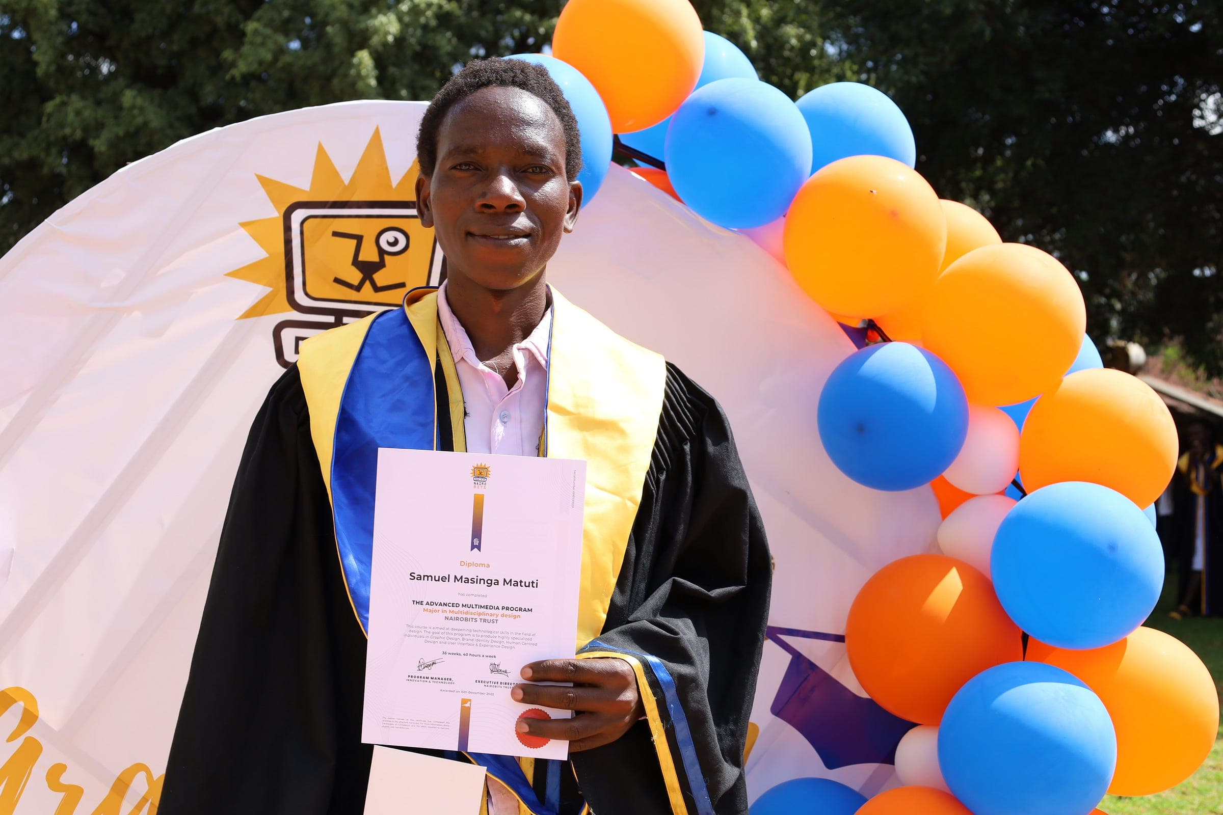 Samuel Matuti, a NairoBits student from Nzombe village in Kitui County, at his graduation